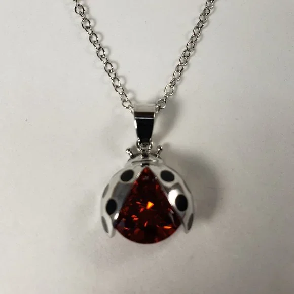 Women Sterling Silver overlay Red Ruby Stone Swarovski Crystal Ladybug Necklace - Picture 5 of 10